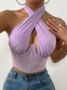 SHEIN SXY 薄透網紗鏤空綁結露背上衣 - 紫丁香色 - 查看 5