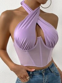 SHEIN SXY 薄透網紗鏤空綁結露背上衣 - 紫丁香色 - 查看 6