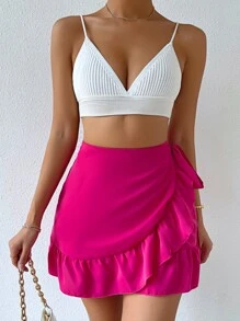 Chiquease Knot Side Ruffle Trim Wrap Skirt - Hot Pink - View 3