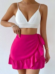 Chiquease Knot Side Ruffle Trim Wrap Skirt - Hot Pink - View 4