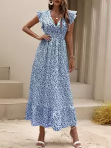 Breezaya Ditsy Floral Print Butterfly Sleeve Shirred Ruffle Hem Dress - Blue - View 3