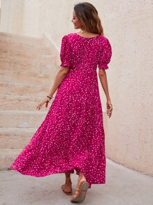 Breezaya Vestido de lunares de manga farol bajo con fruncido - Rosa Fucsia - Ver 2