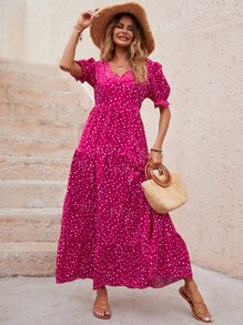 Breezaya Vestido de lunares de manga farol bajo con fruncido - Rosa Fucsia - Ver 4