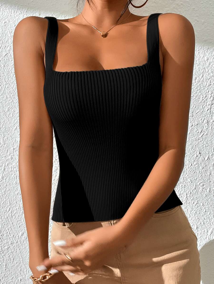 Chiquease Square Neck Ribbed Knit Top - Black - View 1