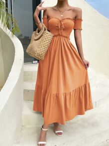 Off Shoulder Shirred Bodice Ruffle Hem Dress