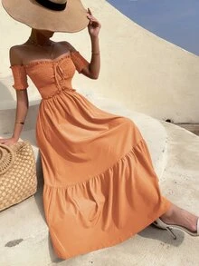 Off Shoulder Shirred Bodice Ruffle Hem Dress