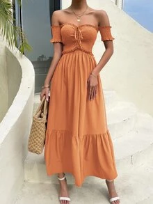 Off Shoulder Shirred Bodice Ruffle Hem Dress