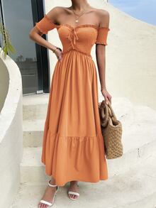Off Shoulder Shirred Bodice Ruffle Hem Dress