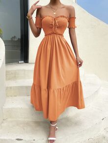 Off Shoulder Shirred Bodice Ruffle Hem Dress