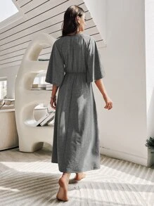 深 V 領鈕扣細節休閒連衣裙 - 深灰色 - 查看 2