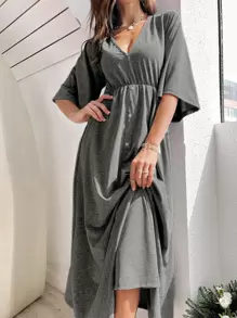 深 V 領鈕扣細節休閒連衣裙 - 深灰色 - 查看 1