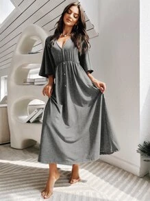 深 V 領鈕扣細節休閒連衣裙 - 深灰色 - 查看 5