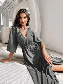 深 V 領鈕扣細節休閒連衣裙 - 深灰色 - 查看 3