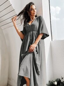 深 V 領鈕扣細節休閒連衣裙 - 深灰色 - 查看 6