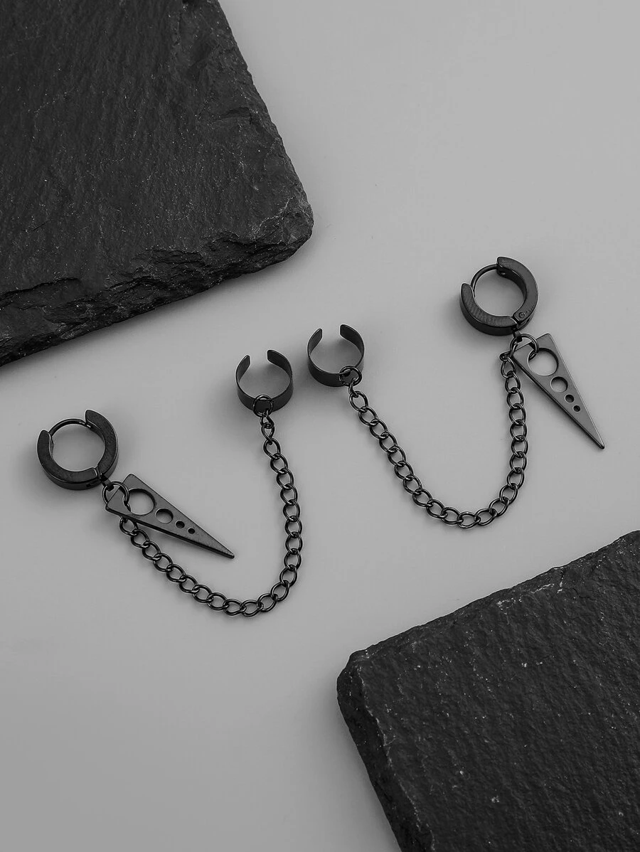 Những người đàn ông thời trang và phổ biến Bông tai trang trí hình học & dây chuyền bằng thép không gỉ để làm quà tặng trang sức và cho một vẻ ngoài sành điệu - màu đen - Xem 1