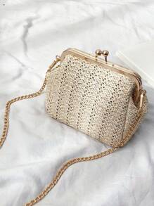 極簡風格吻鎖草編包 - 卡其色 - 查看 1