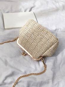 極簡風格吻鎖草編包 - 卡其色 - 查看 2