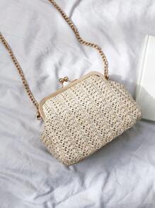 極簡風格吻鎖草編包 - 卡其色 - 查看 5