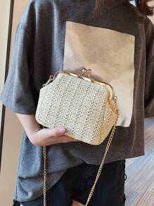 極簡風格吻鎖草編包 - 卡其色 - 查看 6