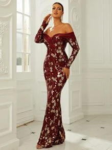 Missord Contrast Sequin Floral Pattern Off Shoulder Floor Length Formal Dress - Burgundy - View 1