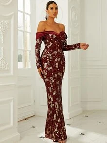 Missord Contrast Sequin Floral Pattern Off Shoulder Floor Length Formal Dress - Burgundy - View 3