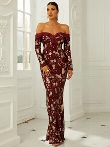 Missord Contrast Sequin Floral Pattern Off Shoulder Floor Length Formal Dress - Burgundy - View 4