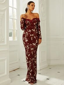 Missord Contrast Sequin Floral Pattern Off Shoulder Floor Length Formal Dress - Burgundy - View 5