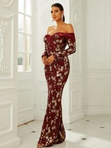 Missord Contrast Sequin Floral Pattern Off Shoulder Floor Length Formal Dress - Burgundy - View 6