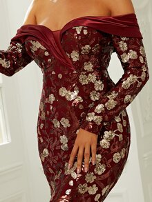 Missord Contrast Sequin Floral Pattern Off Shoulder Floor Length Formal Dress - Burgundy - View 7