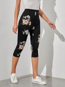 EMERY ROSE 印花高腰七分緊身打底褲 - 黑色 - 查看 5