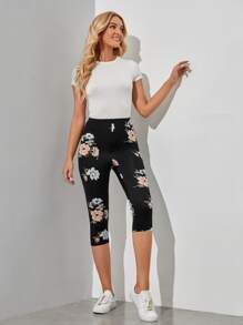 EMERY ROSE 印花高腰七分緊身打底褲 - 黑色 - 查看 4