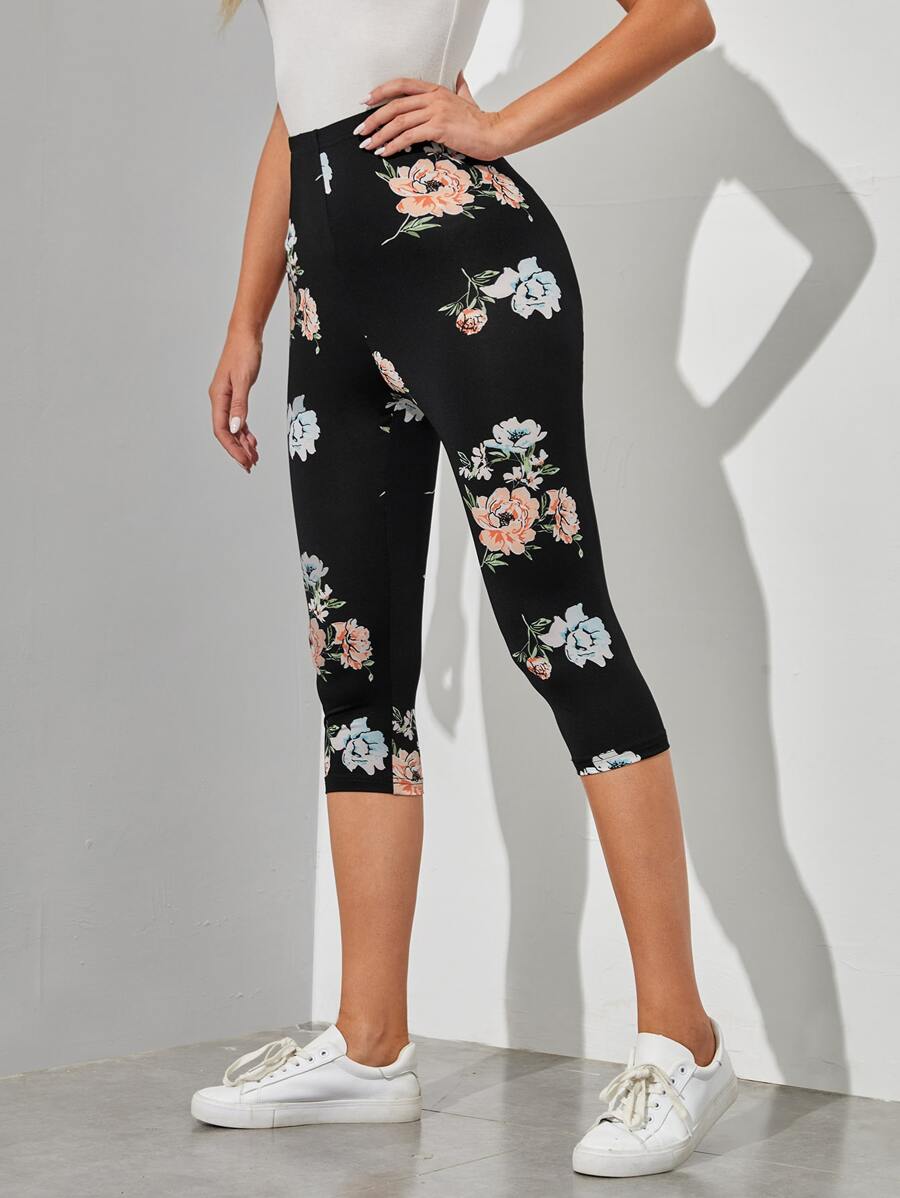 EMERY ROSE 印花高腰七分緊身打底褲 - 黑色 - 查看 1