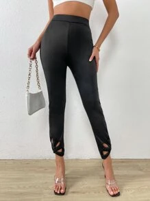 SHEIN Privé Quần nữ Cắt ra màu trơn Giải trí - màu đen - Xem 5