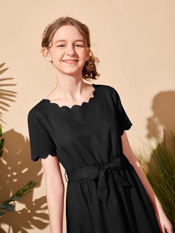 SHEIN Teen Girls Scallop Trim Belted Dress SHEIN USA