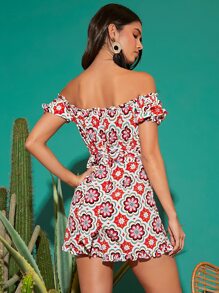 SHEIN Unity Allover Floral Print Off Shoulder Tie Front Frilled Romper - Multicolor - View 2