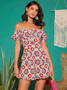 SHEIN Unity Allover Floral Print Off Shoulder Tie Front Frilled Romper - Multicolor - View 4