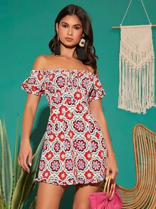 SHEIN Unity Allover Floral Print Off Shoulder Tie Front Frilled Romper - Multicolor - View 5
