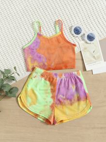 SHEIN Leap Crew 小女童紮染吊帶上衣和跑步短褲 - 彩色 - 查看 1