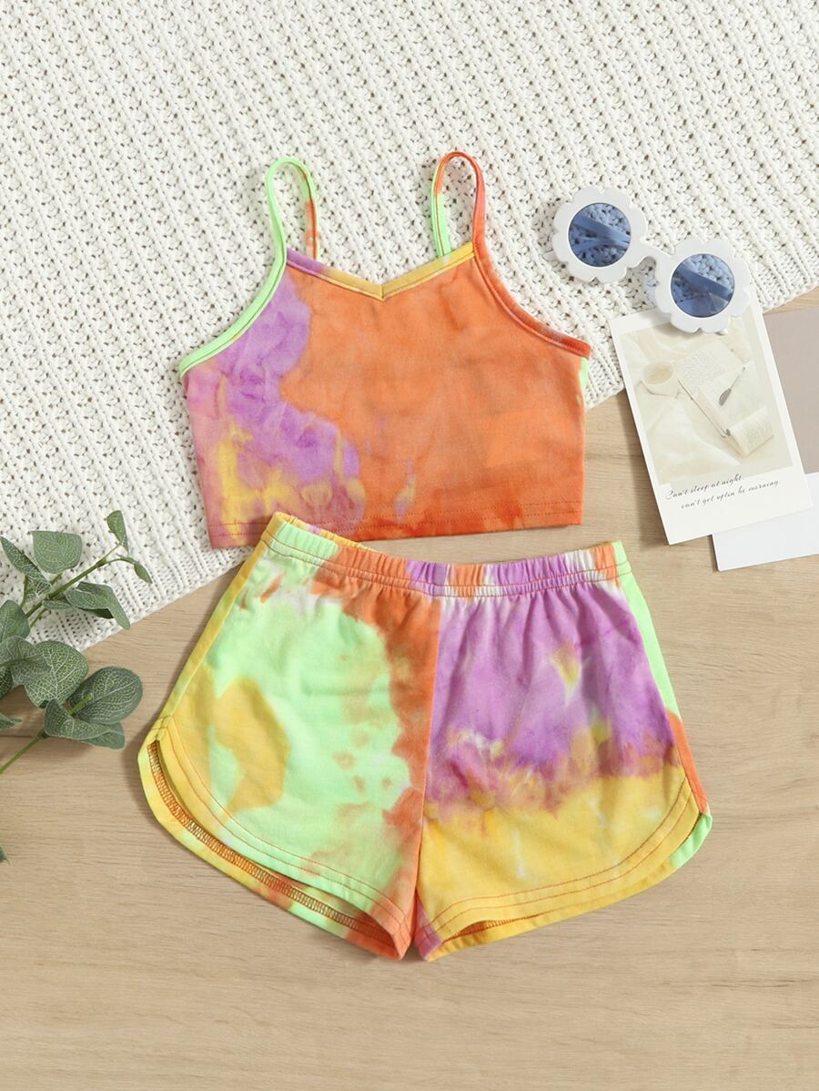 SHEIN Leap Crew 小女童紮染吊帶上衣和跑步短褲 - 彩色 - 查看 1