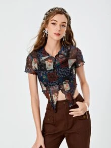 SHEIN MOD 色塊拼接圖案木耳邊不對稱下擺網紗襯衫 - 彩色 - 查看 2