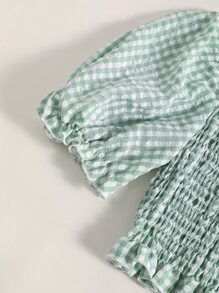 SHEIN LUNE 泡泡袖打褶褶邊格紋荷葉邊下擺上衣 - 薄荷綠 - 查看 4