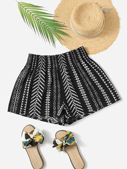 SHEIN VCAY Shirred Waist Geo Print Shorts