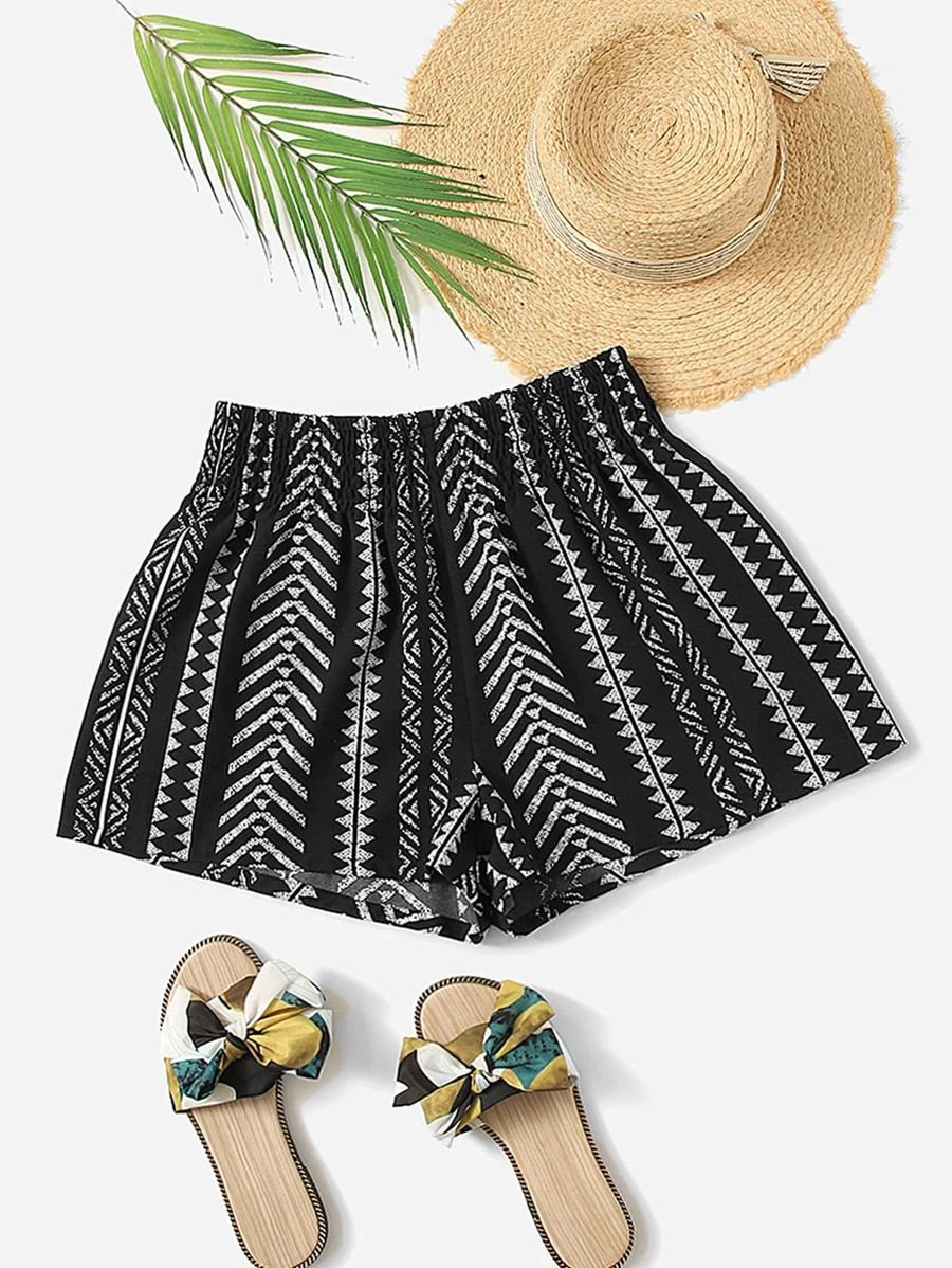 SHEIN VCAY Shirred Waist Geo Print Shorts - Black and White - View 1