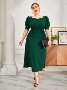 Modelyn Plus Puff Sleeve Fold Pleated Dress - Dark Green - View 1