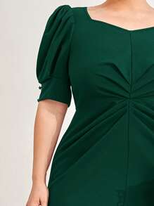 Modelyn Plus Puff Sleeve Fold Pleated Dress - Dark Green - View 4