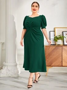 Modelyn Plus Puff Sleeve Fold Pleated Dress - Dark Green - View 6