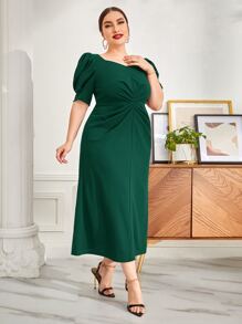 Modelyn Plus Puff Sleeve Fold Pleated Dress - Dark Green - View 7