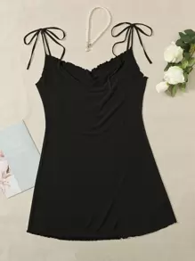 SHEIN Unity Đầm mặc nhà Kích Thước Lớn Thắt nút Xù nhỏ màu trơn Giải trí - màu đen - Xem 1