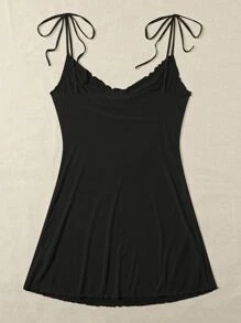 SHEIN Unity Đầm mặc nhà Kích Thước Lớn Thắt nút Xù nhỏ màu trơn Giải trí - màu đen - Xem 2