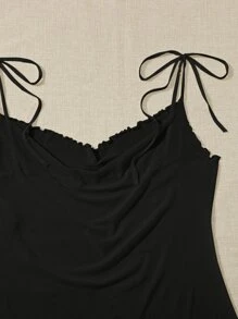 SHEIN Unity Đầm mặc nhà Kích Thước Lớn Thắt nút Xù nhỏ màu trơn Giải trí - màu đen - Xem 4